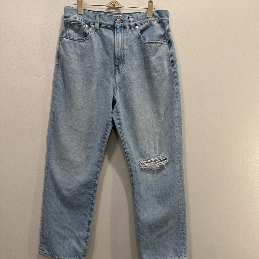 Madewell Blue Straight Leg Crop Jeans Distressed Knee Denim Size 29